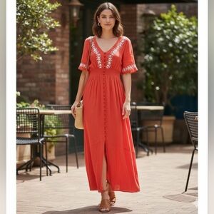 ALYA  Elegant Red Floral Embroidered Dress Size XXS